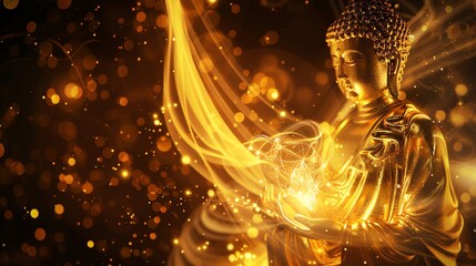 Wall Mural - A golden Buddha statue holding a glowing orb, surrounded by golden light and bokeh.