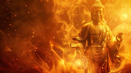 Wall Mural - A golden Buddha statue is illuminated by a bright orange light with smoke in the background.