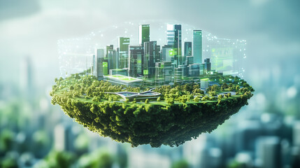 A mesmerizing holographic urban model hovers mid-air, displaying a sustainable smart city where green architecture dominates the skyline