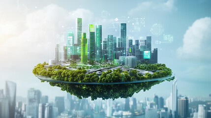 A mesmerizing holographic urban model hovers mid-air, displaying a sustainable smart city where green architecture dominates the skyline