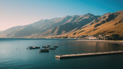 Naklejka na meble Mountain Lake Boats Dawn View