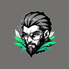 Sticker - Stylish Bearded Man with Glasses and Tropical Leaves