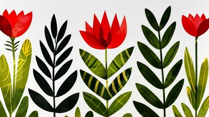 Wall Mural - colorful floral pattern with red flowers and green leaves design