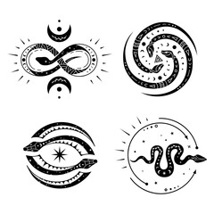 Wall Mural - mystical snakes set, mystical snake silhouette, esoteric vector design sacred serpent.