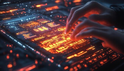 A coder typing on a glowing holographic keyboard, neon-lit code streaming on floating screens, Cyberpunk, Illustration, Dark with vibrant colors