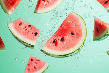 Wall Mural - Watermelon Slices in Water Splash - Summer Delight