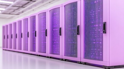 Poster - A row of purple servers illuminated in a high-tech data center environment