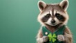 © O - Raccoon wearing green sweater holding clover against green background. Saint Patrick's Day, St Paddy's Day, St Patty's Day - Irish National Holiday and Cultural Celebration