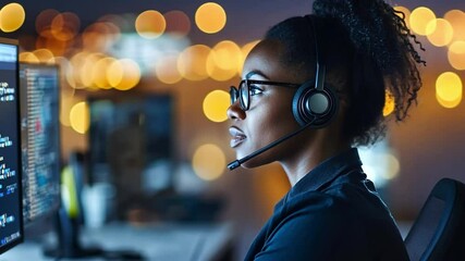 Wall Mural - professional woman working with headphones in a tech-focused environment at night