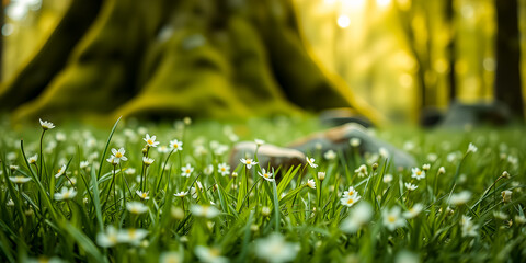Wall Mural - artistic nature closeup daisy flowers on meadow floral abstract background. peaceful sunny spring me