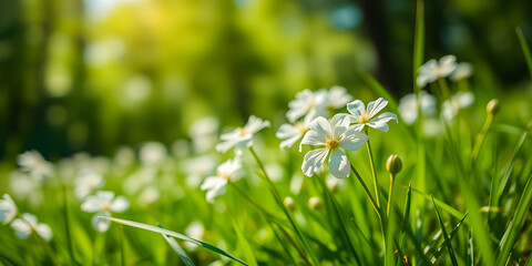 Wall Mural - Artistic nature closeup daisy flowers on meadow floral abstract background. Peaceful sunny spring meadow, beauty in nature wallpaper, soft focus sun beams, warm sunlight and green lush foliage