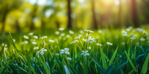 Wall Mural - artistic nature closeup daisy flowers on meadow floral abstract background. peaceful sunny spring me