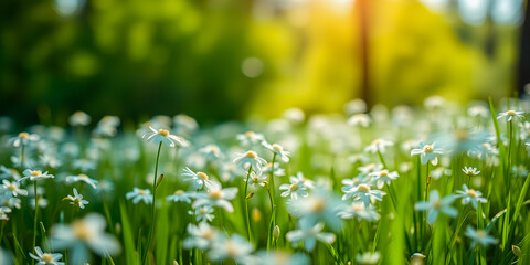 Wall Mural - artistic nature closeup daisy flowers on meadow floral abstract background. peaceful sunny spring me