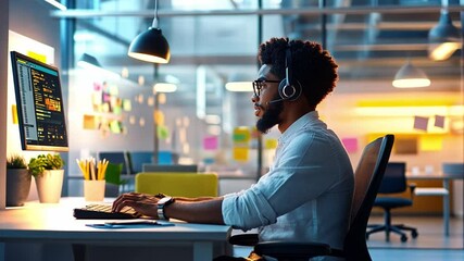 Wall Mural - professional man engaged in remote work at modern office with 4k technology