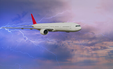 Fototapete - Airplane in the sky with thunder and lightning