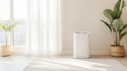 Aufkleber - modern air purifier in bright, minimalist living room with potted plants and natural light