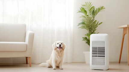Aufkleber - cheerful dog sits in bright living room with air purifier and green plant nearby