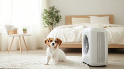 Aufkleber - small dog sits on cozy rug in bright bedroom with air purifier nearby, creating clean and serene atmosphere