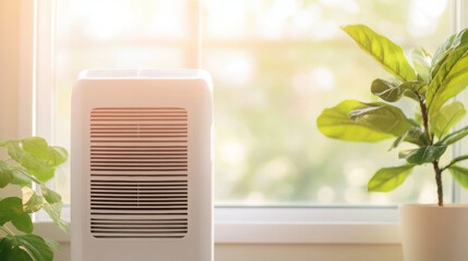 Aufkleber - white air purifier placed near window with sunlight streaming in, surrounded by green indoor plants