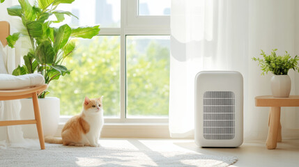 Aufkleber - cozy room with white air purifier, cat sitting on floor, and green plants by sunny window