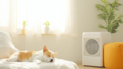 Aufkleber - cozy dog sleeping on bed in bright room with air purifier and potted plants nearby