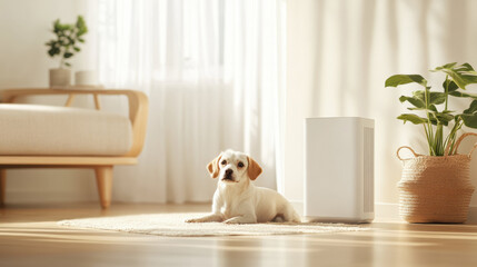 Aufkleber - cozy living room with white air purifier, small dog resting on rug, and natural sunlight streaming through sheer curtains