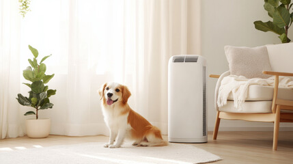 Aufkleber - cheerful dog sits on cozy rug in bright living room with air purifier and indoor plants