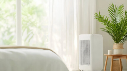 Aufkleber - Air purifier in bright bedroom with potted plant and natural light creating serene atmosphere