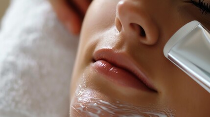 Wall Mural - A woman is receiving a facial treatment at a spa.