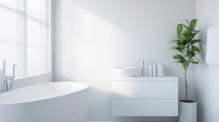 Aufkleber - Minimalist white bathroom with freestanding bathtub, modern sink, and green potted plant by window