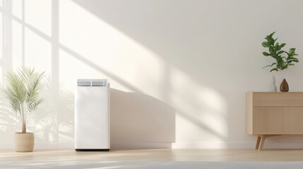 Aufkleber - modern air purifier in bright, minimalist living room with plants and wooden furniture
