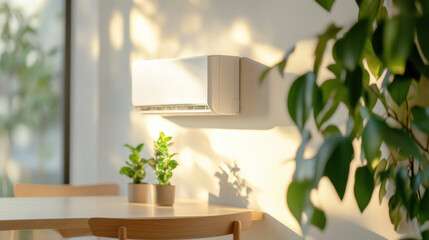 Aufkleber - modern air conditioner mounted on white wall in bright room with plants and wooden furniture
