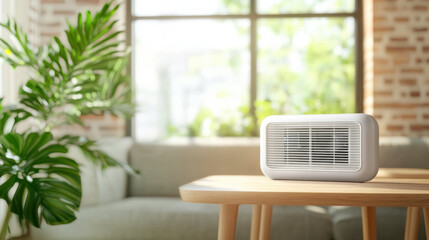 Aufkleber - compact air purifier sits on wooden table in bright, cozy living room with natural light