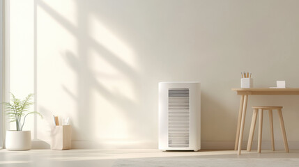 Aufkleber - modern air purifier in minimalist room with natural light, wooden furniture, and potted plant
