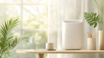 Poster - modern air purifier on wooden table surrounded by plants and natural light