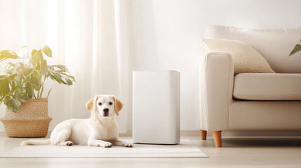 Poster - cozy living room with white dog sitting on rug near air purifier, surrounded by natural light and indoor plants