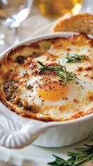 Poster - Savory baked egg with lentils and cheese garnished with rosemary in white dish