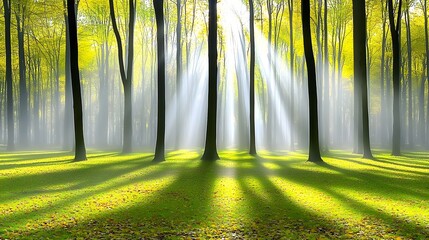 Wall Mural - Lush Green Forest Bathed in Sunlight with Gentle Rays Illuminating the Ground During Morning