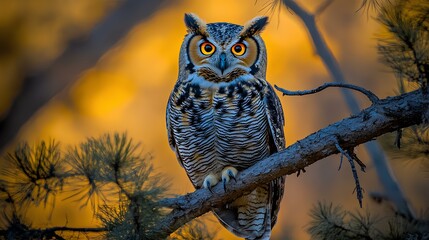 owl , perched on the branch of a tree in a forest, looking at the camera  with big, orange eyes 