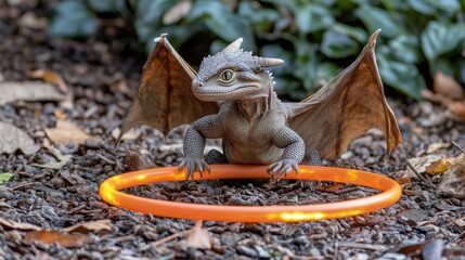 A miniature dragon figurine with outstretched wings sits beside a glowing orange ring on the ground.