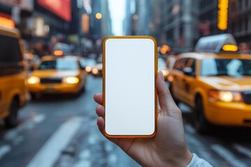 hand shows blank smartphone with white screen against street with taxi, mock up, mockup, app, taxi order