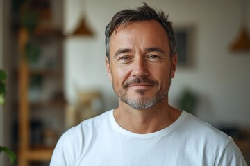 Wall Mural - portrait of middle-aged man in white t-shirt at home, closeup