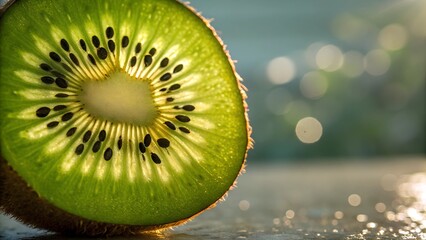 Sunlit Kiwi: A vibrant, macro shot showcasing a sliced kiwi fruit, revealing its intricate texture, seeds, and juicy flesh, bathed in the warm glow of sunlight against a soft, blurred background.