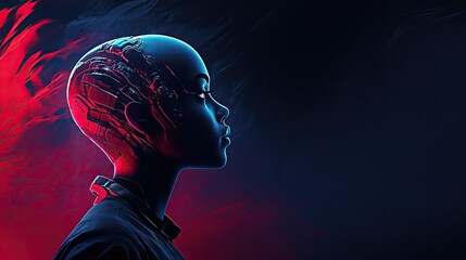 Wall Mural - Profile of a futuristic cyborg woman with metallic head implants, set against a dark, red and blue background.
