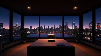 Wall Mural - modern office with panoramic city view at twilight. desk, chair, cityscape, windows, lights, buildin