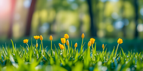 Wall Mural - abstract soft focus sunset field landscape of yellow flowers and grass meadow warm golden hour sunse