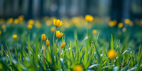 Wall Mural - Abstract soft focus sunset field landscape of yellow flowers and grass meadow warm golden hour sunset sunrise time. Tranquil spring summer nature closeup and blurred forest background. Idyllic nature