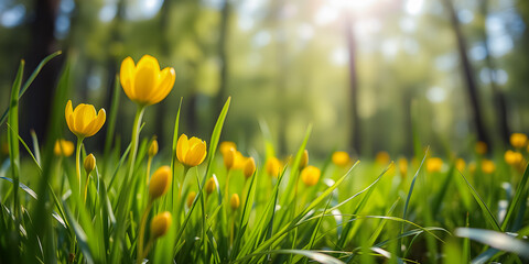 Wall Mural - Abstract soft focus sunset field landscape of yellow flowers and grass meadow warm golden hour sunset sunrise time. Tranquil spring summer nature closeup and blurred forest background. Idyllic nature
