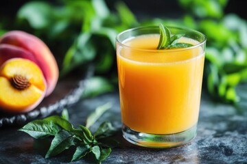 Wall Mural - A glass of orange juice served alongside a fresh peach, perfect for a healthy breakfast or snack