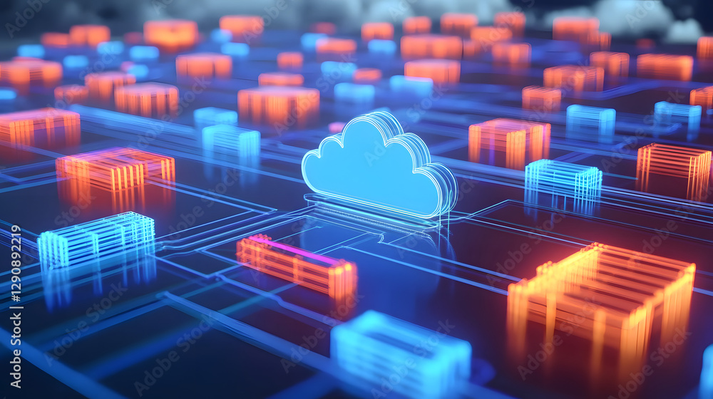 A sleek 3D-rendered diagram of cloud containers and serverless ...
